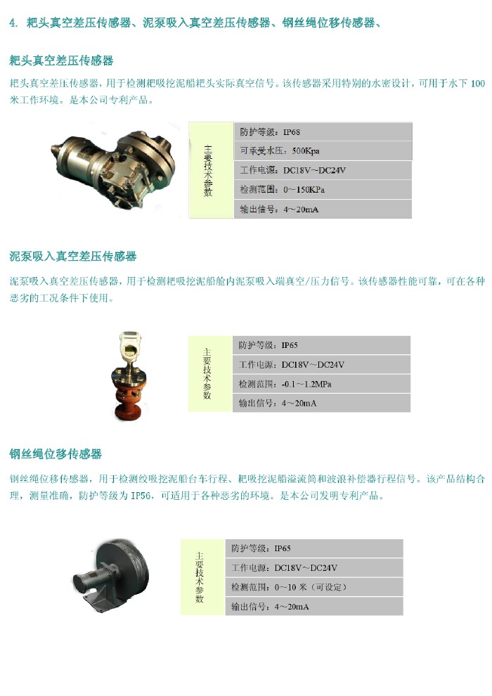 耙頭真空差壓傳感器、泥泵吸入真空差壓傳感器、鋼絲繩位移傳感器、